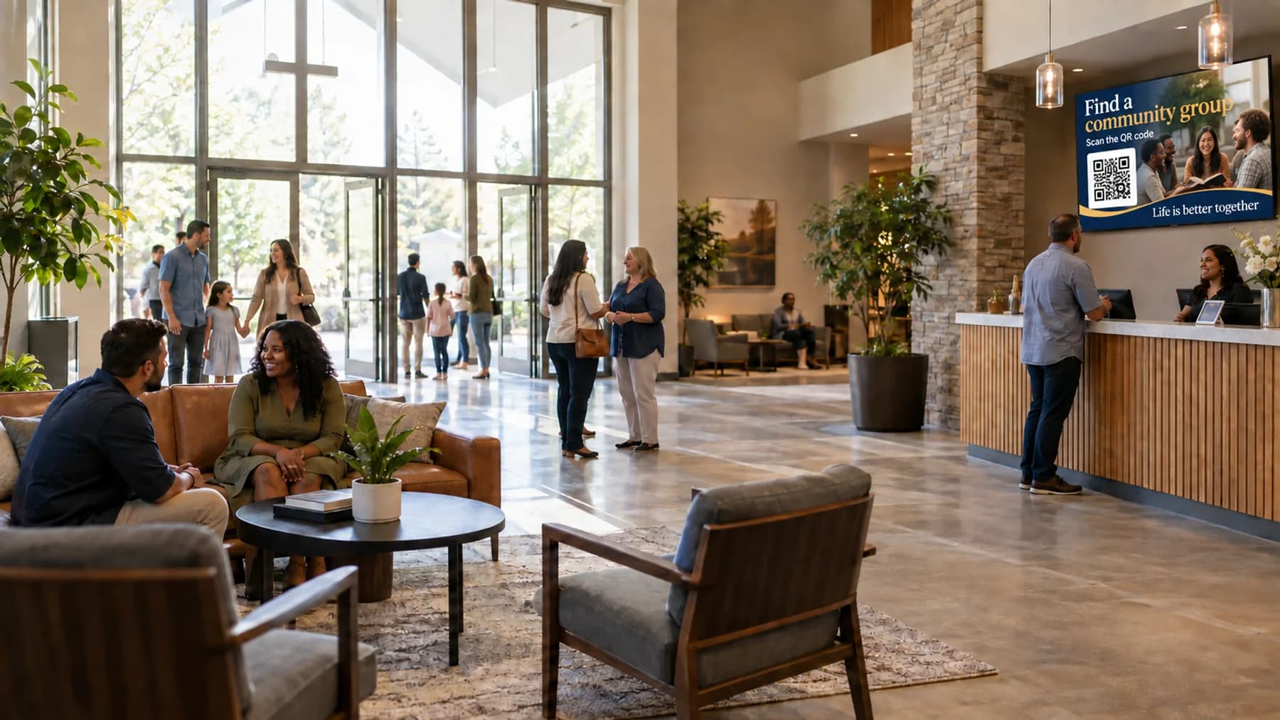Church foyer with a TV channel inviting visitors to find a community group by QR code