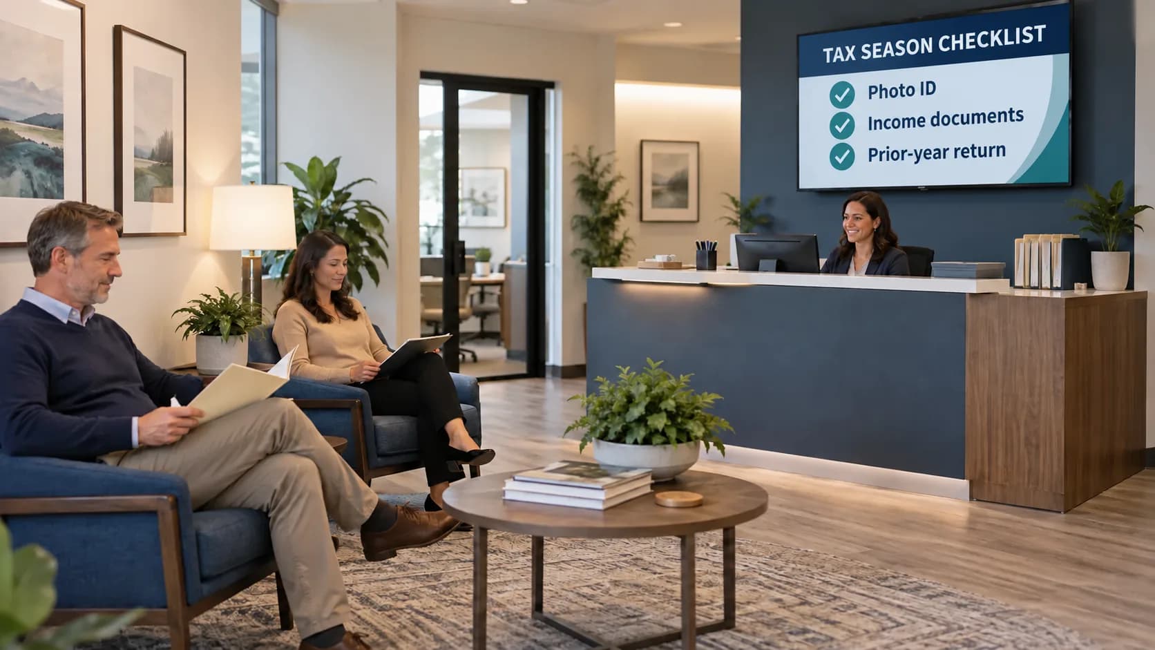 Professional financial services office with clients waiting near a television showing helpful business information