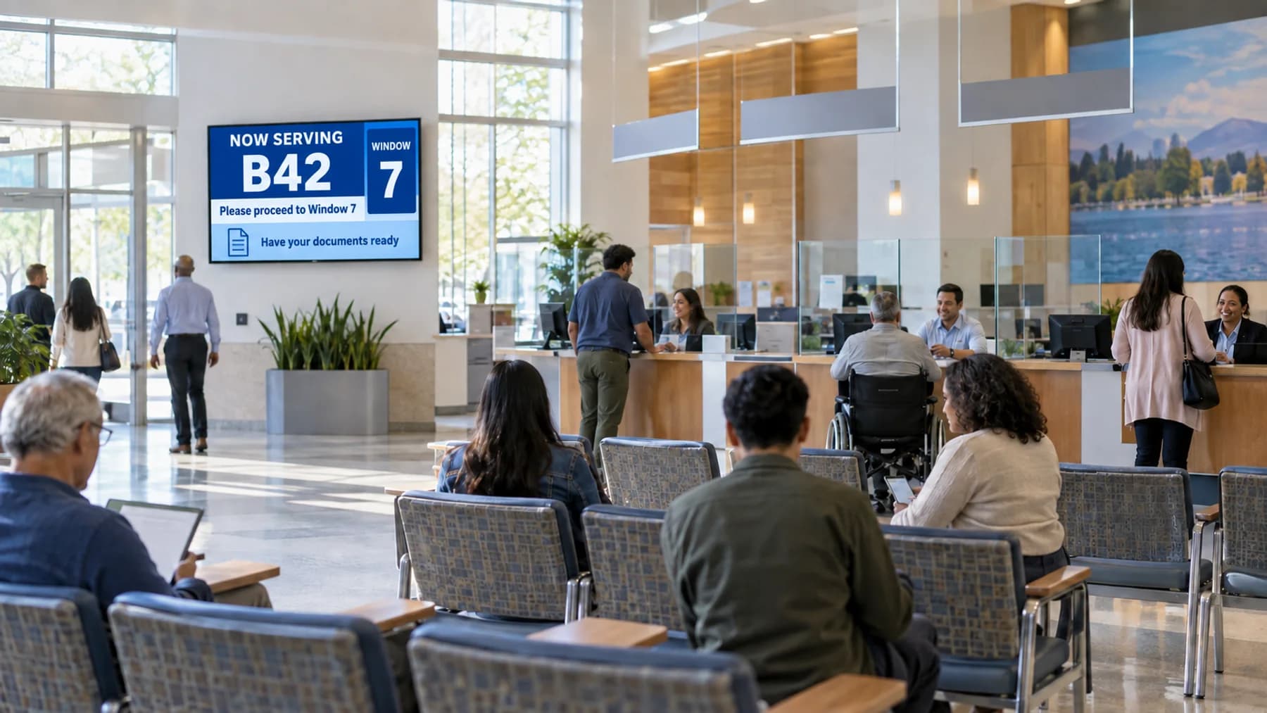 Government service waiting room with a TV calling number B42 to Window 7