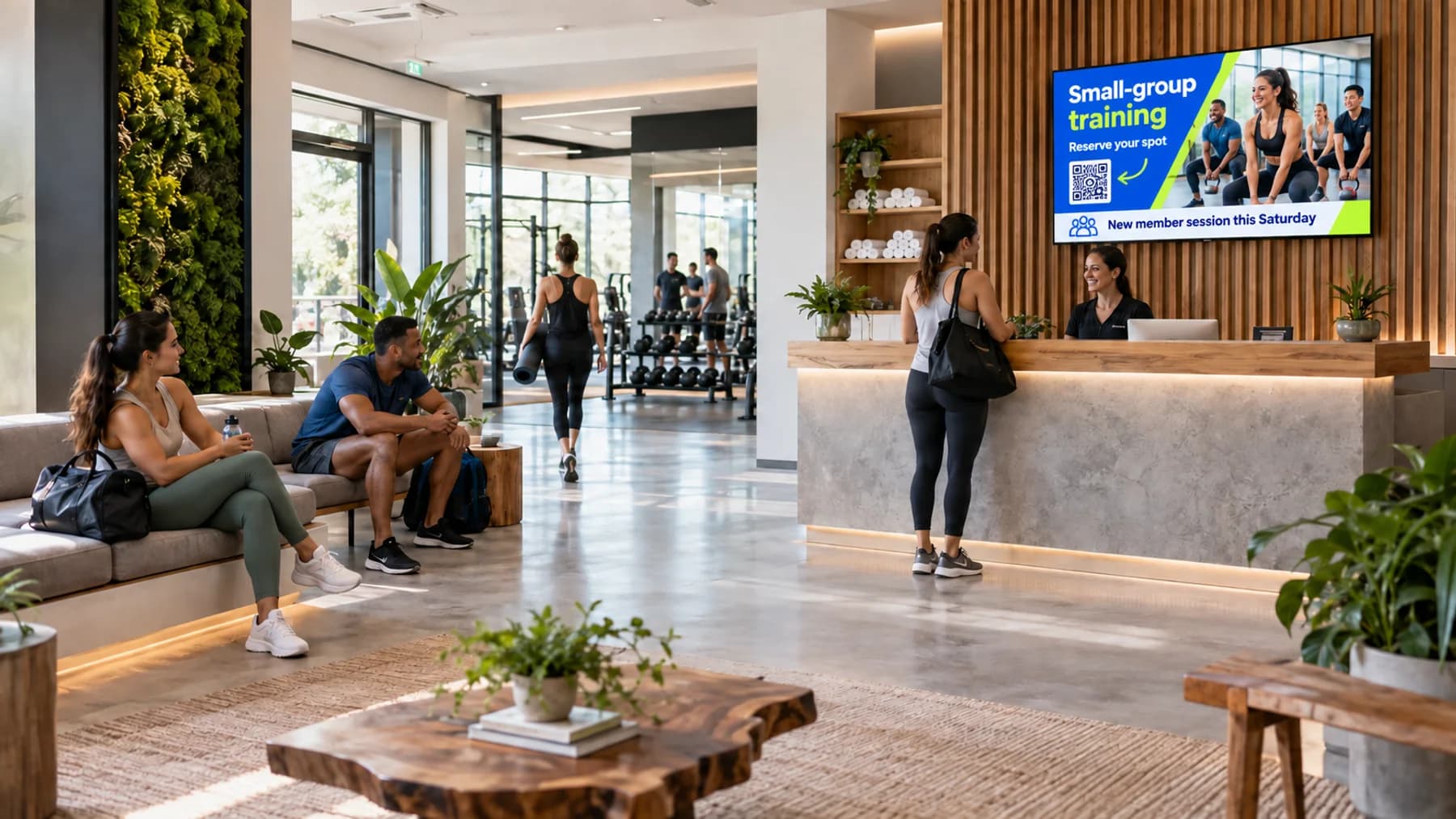Gym lobby with a TV channel promoting small-group training