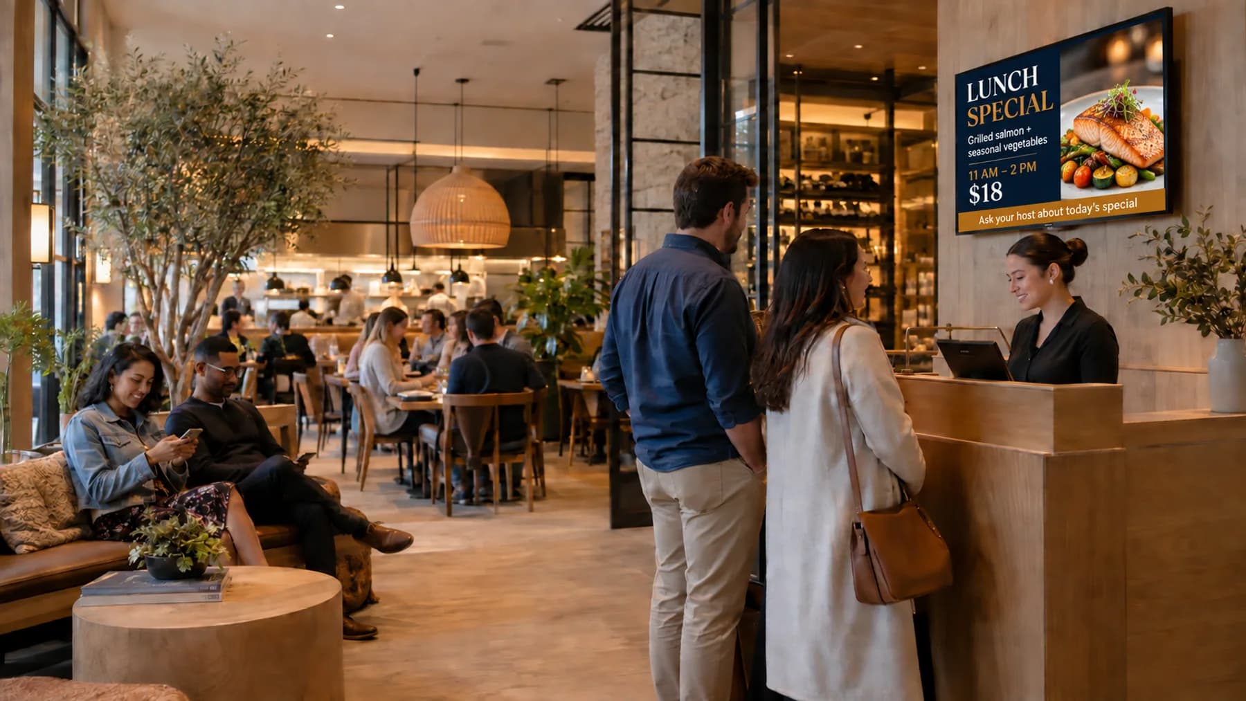 Restaurant host area with a TV channel promoting a grilled salmon lunch special