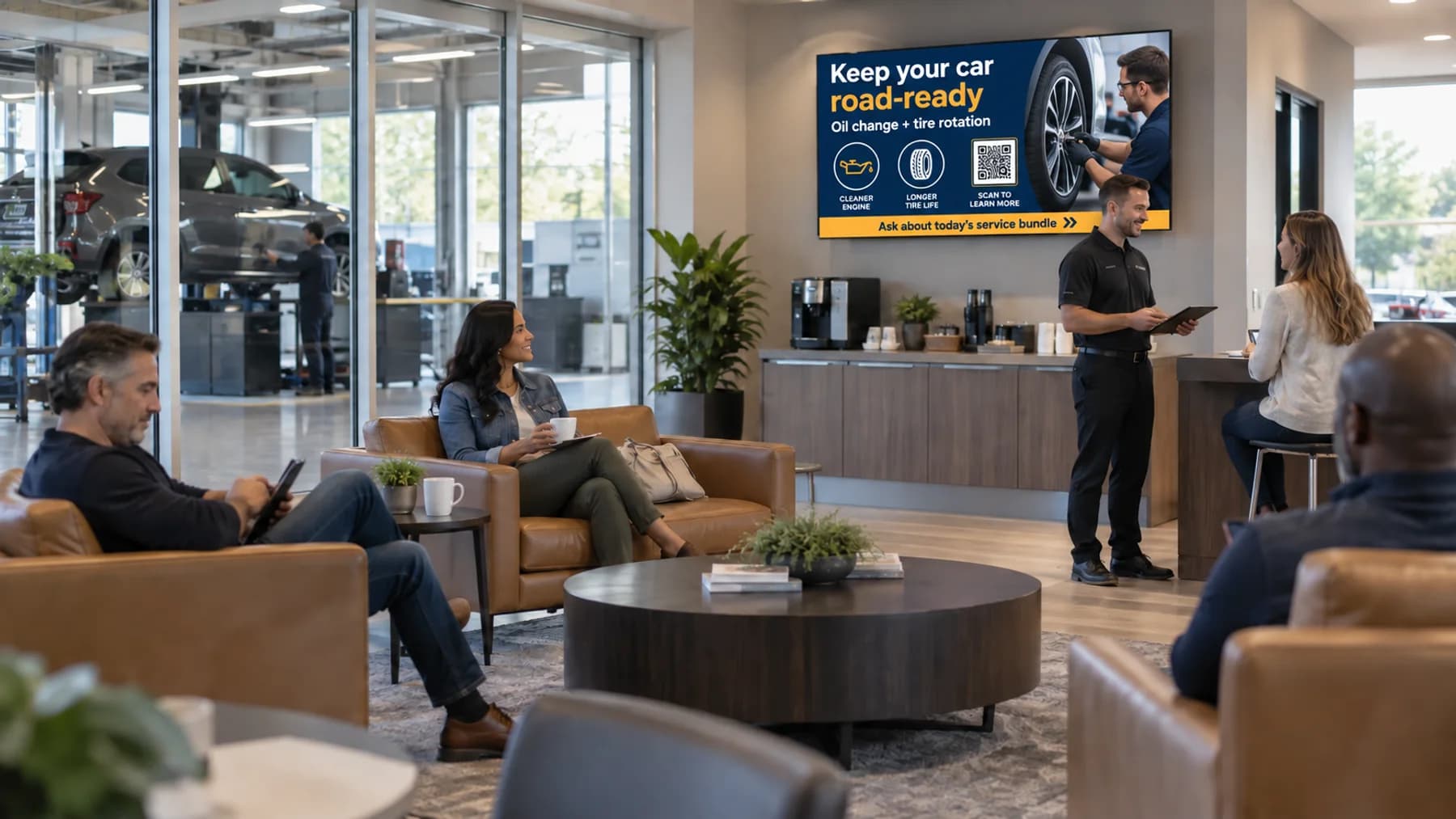 Auto service lounge with a TV channel promoting an oil change and tire rotation bundle