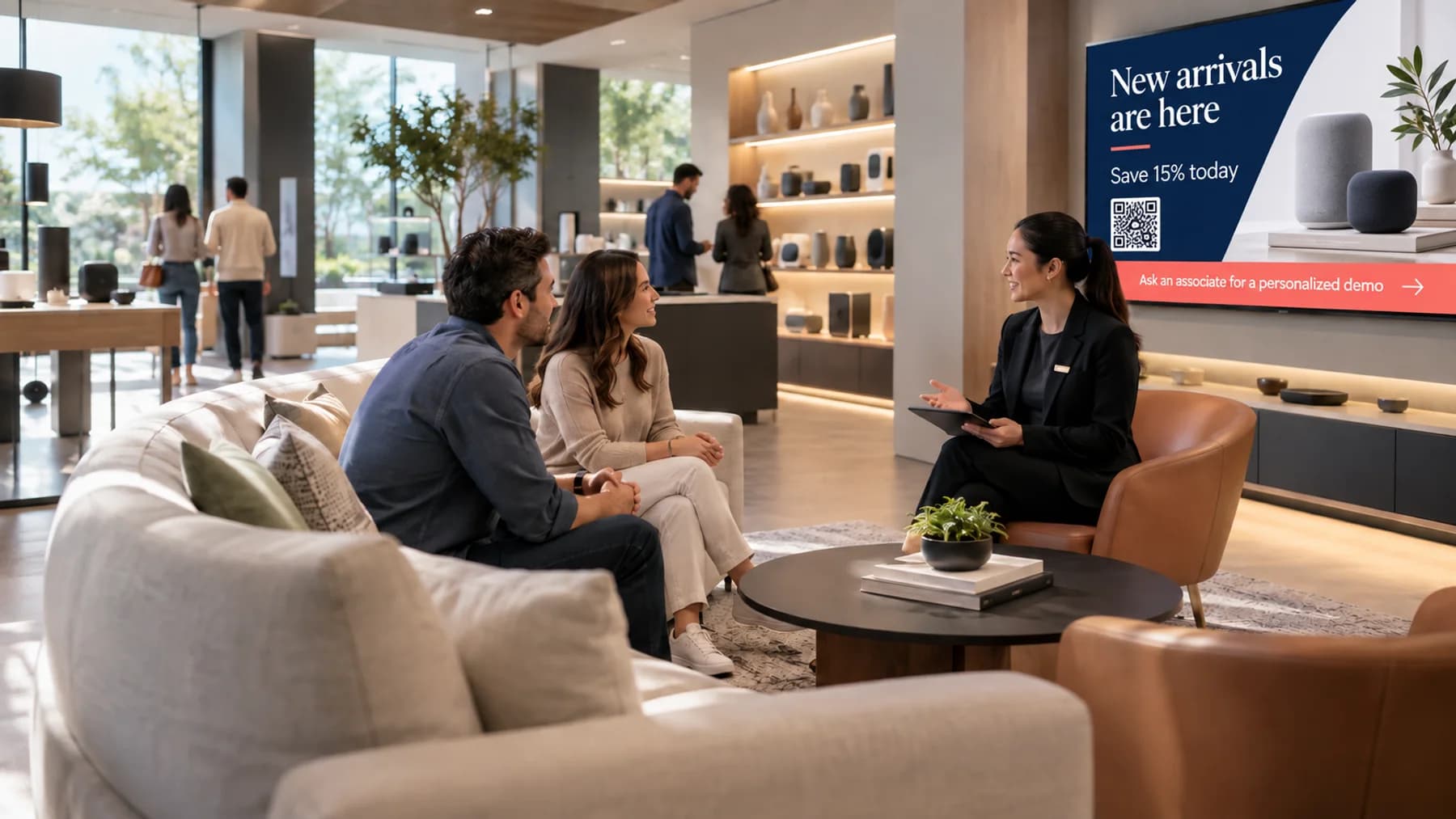 Retail showroom with a TV channel promoting new arrivals and a same-day offer