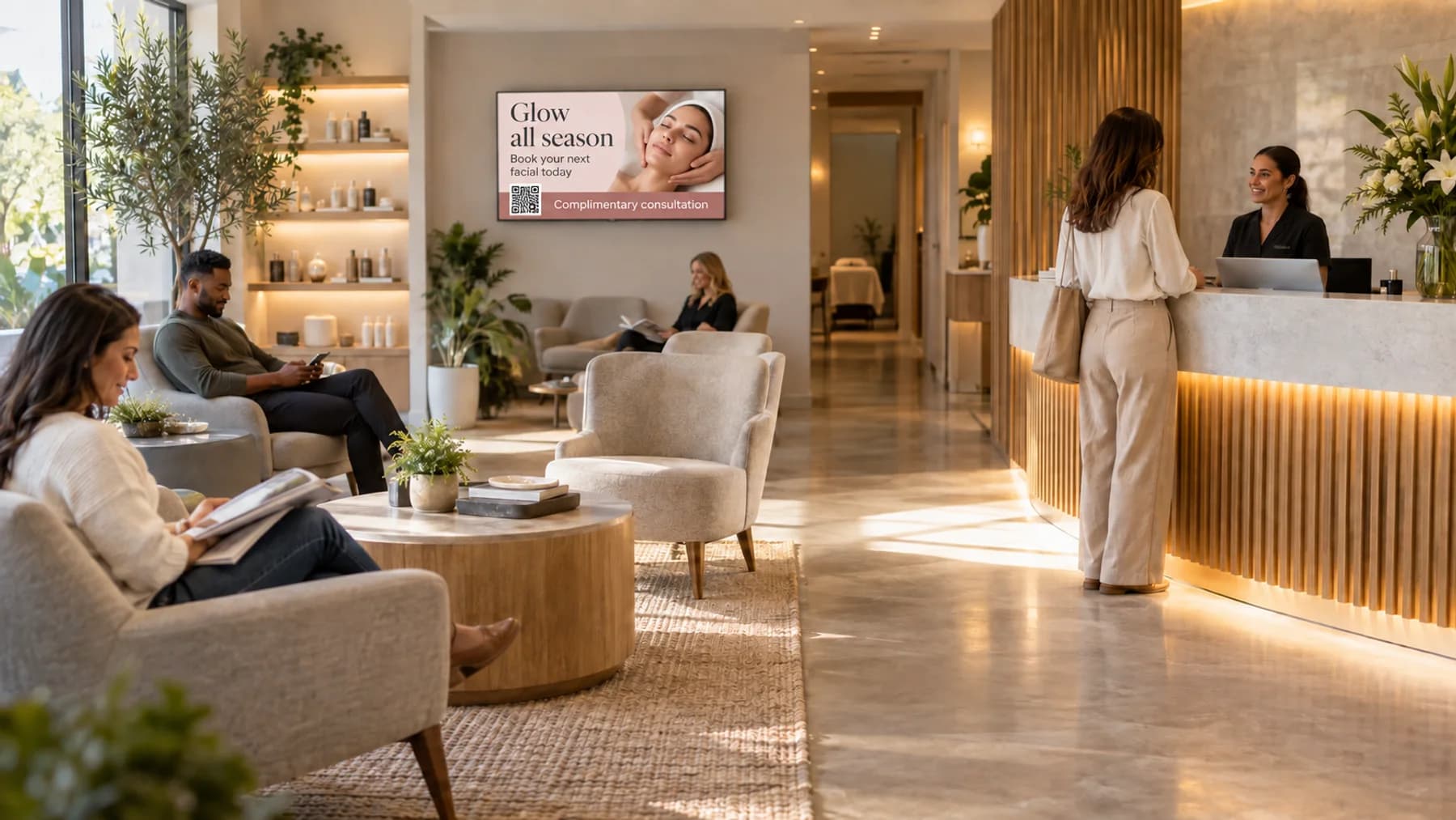 Spa reception area with a TV channel promoting a seasonal facial